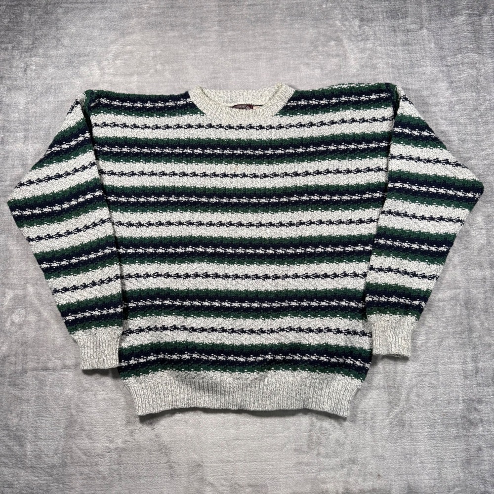 Victoria Dry Goods Sweater Mens XL Gray Vintage Stripped Knit Made in USA Dad